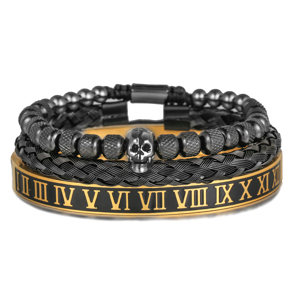 European and American retro zircon skull woven bracelet bracelet set Roman numerals letter woven stainless steel bracelet