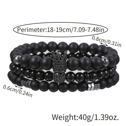 Cross-border hot-selling black matte black gallstone bracelet elastic micro-inlaid zircon crown diamond ball bracelet set couple bracelet