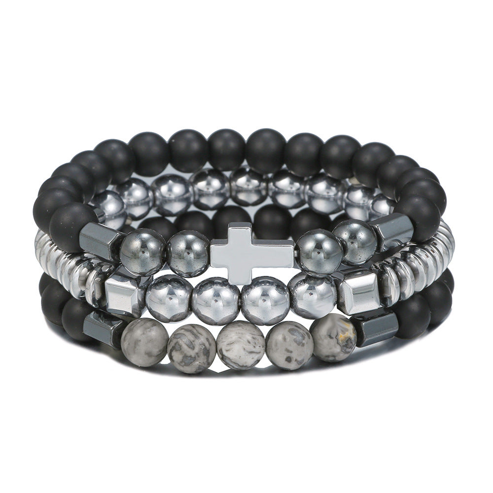Cross-border hot-selling stone bracelet black gallstone cross flying saucer retro bracelet map stone elastic bracelet combination male