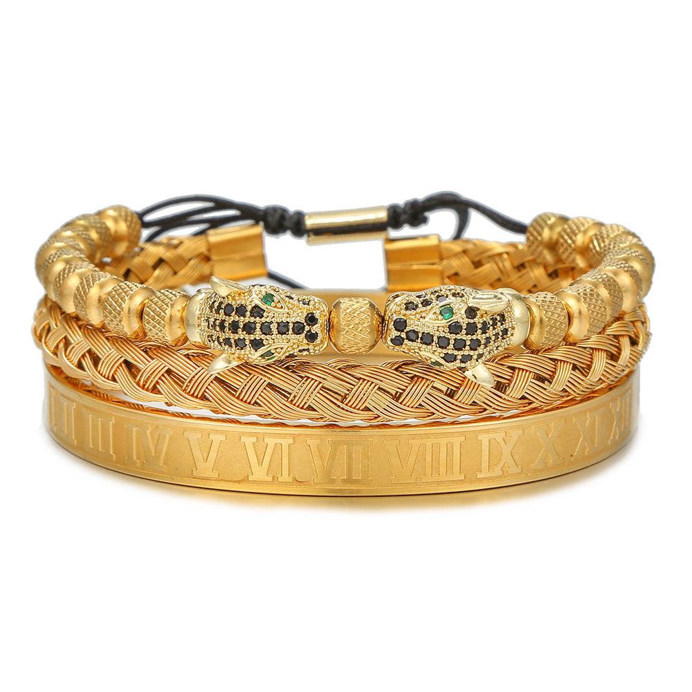 Copper inlaid zircon men's leopard head woven bracelet Roman letter woven stainless steel mesh bracelet set of three pieces