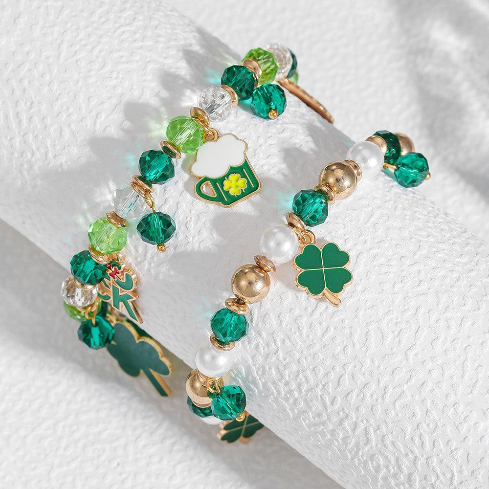 Geometric Crystal Bead Bracelet Women's Small Fresh Clover Pendant Bracelet St. Patrick's Day Green Couple Bracelet