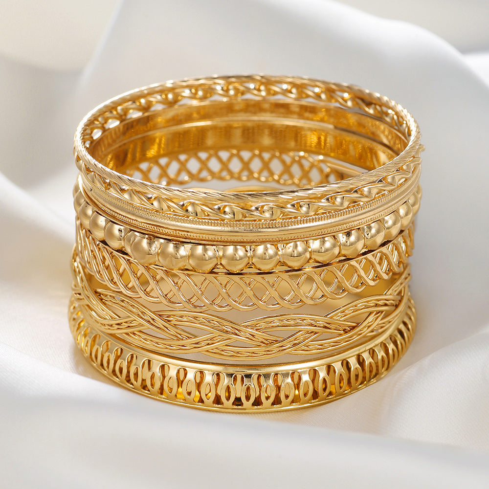 Cross-border European and American new jewelry, fashionable personalized texture multi-layer metal bracelet set 7 sets of iron bracelets