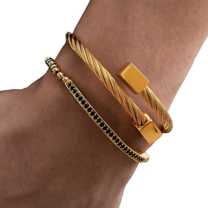 Cross-border stainless steel belt buckle bracelet, copper bead woven bracelet set of 2 bracelets, men's hip-hop bracelet.