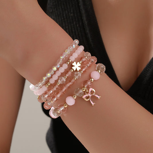 Cross-border new fresh and sweet pink crystal bracelet beaded elastic women's bracelet set butterfly festival pendant handmade