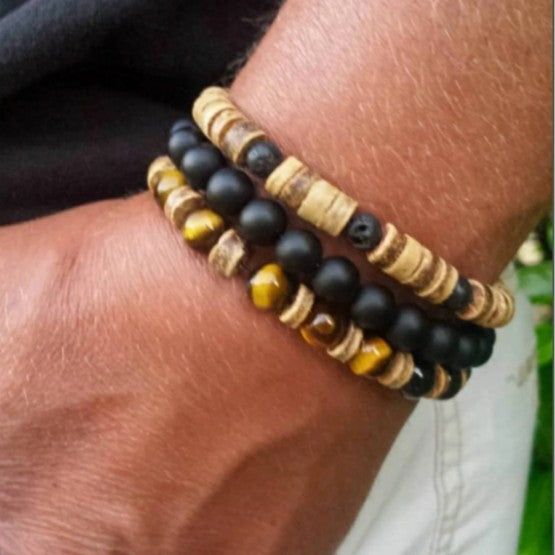 Cross-border best-selling handmade bead bracelets for men, vintage style multi-layer elastic tiger's eye stone wood beads coconut shell bracelets