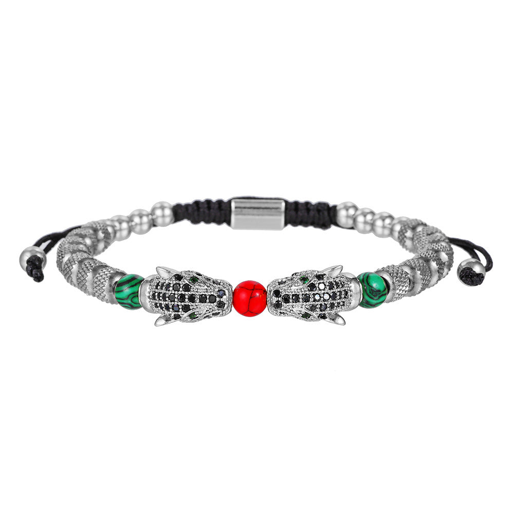 Cross-border hot-selling stainless steel zircon leopard head woven bracelet bracelet combination, fashionable C-shaped titanium steel bracelet