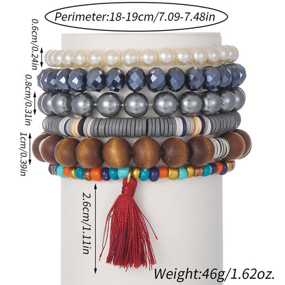 Cross-border fashion bohemian glass bead wood bead pearl bracelet multi-layer elastic soft pottery bracelet combination set