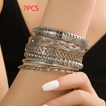 Cross-border European and American new jewelry, fashionable personalized texture multi-layer metal bracelet set 7 sets of iron bracelets