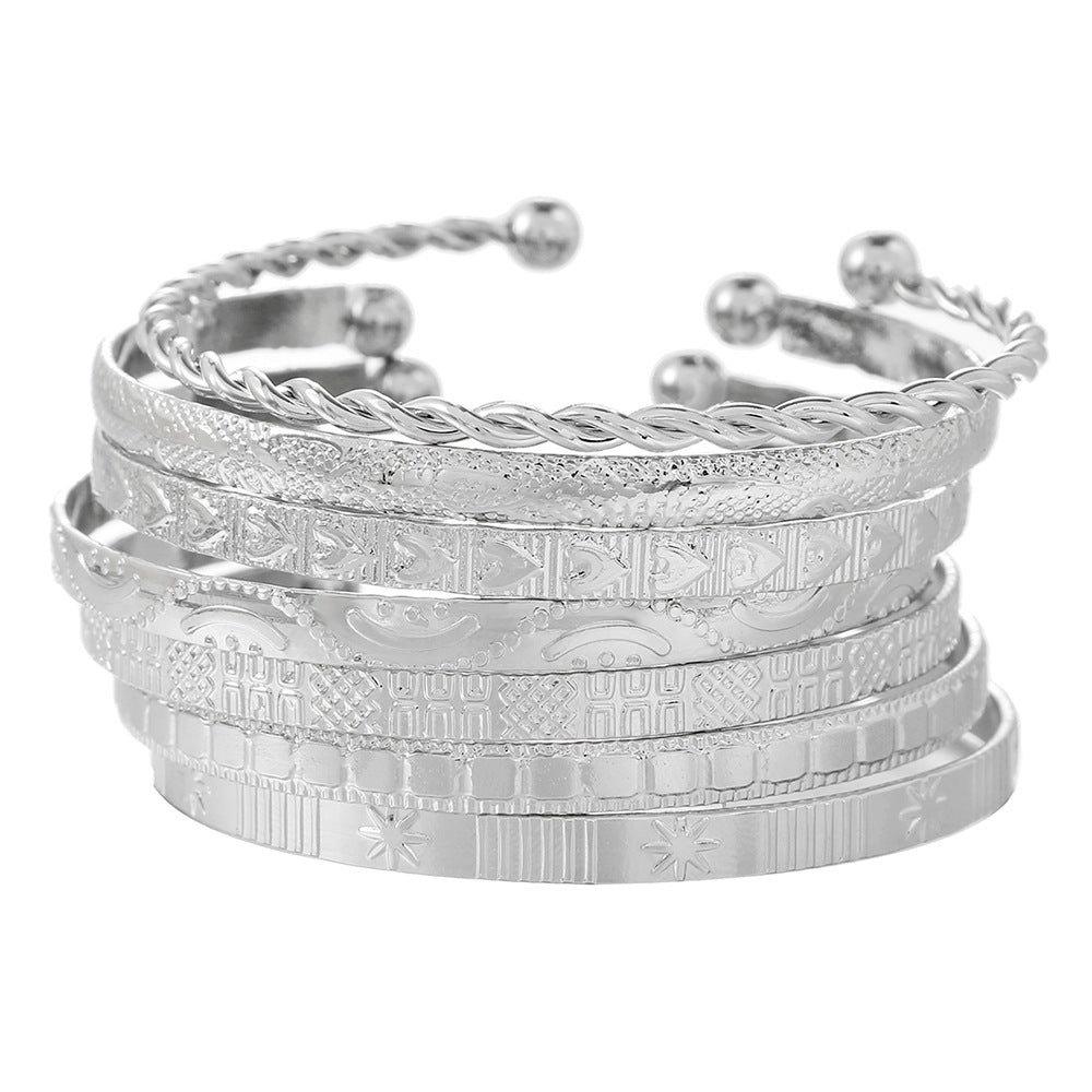 Bohemian knock pattern arrow rhombus pattern exaggerated personality hexagram twist opening bracelet 7-piece set