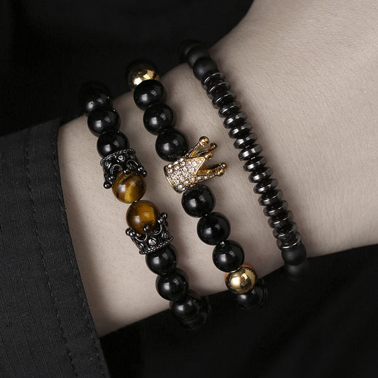 Cross-border new micro-inlaid zircon crown bracelet set, white pine, tiger's eye, volcanic stone elastic woven bracelet combination