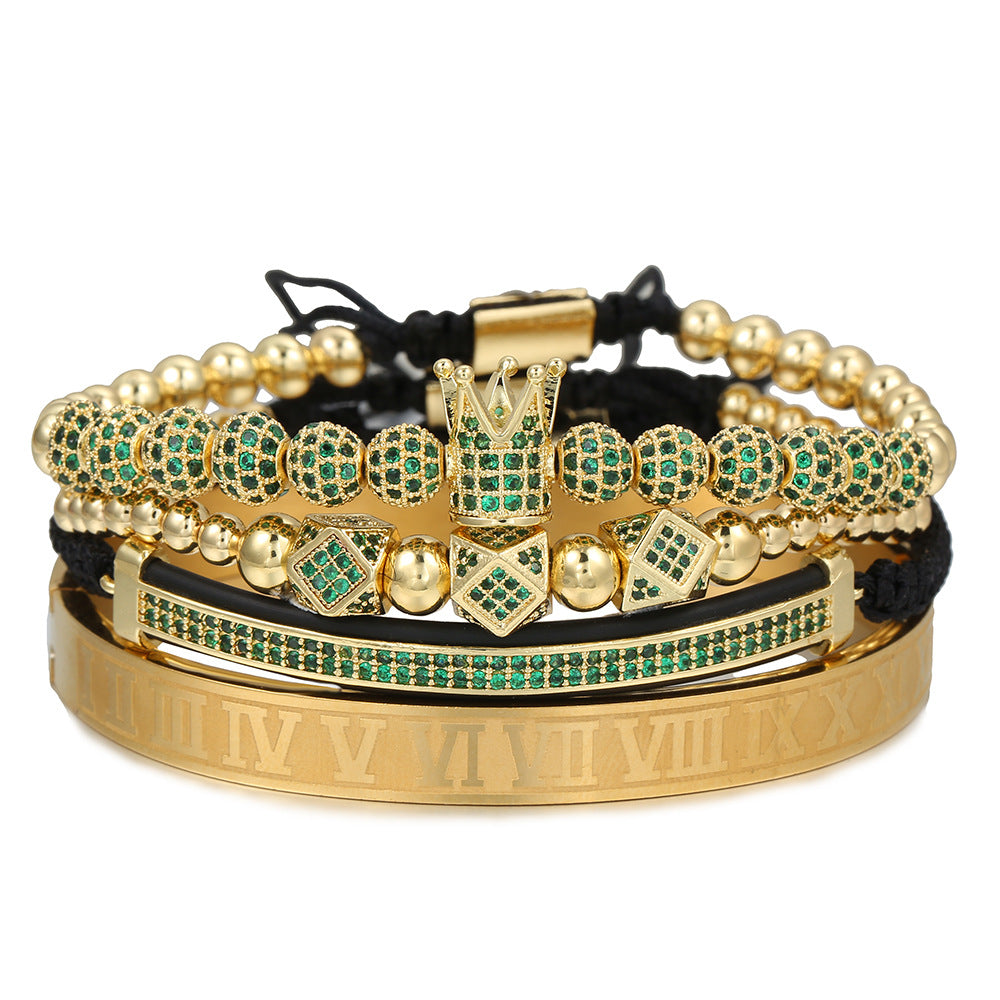 European and American men's micro-inlaid zircon diamond ball crown bracelet, diamond bracelet set, stainless steel Roman bracelet four-piece set