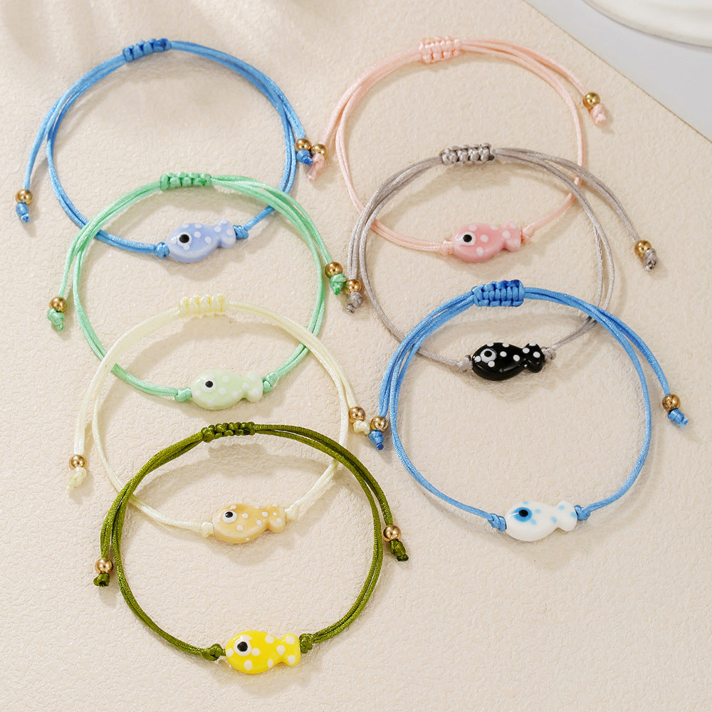 Small fresh adjustable multi-color spotted ceramic fish bracelet hand-woven versatile cute cartoon bracelet for women