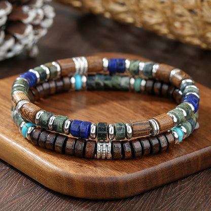Factory direct sales cross-border wooden bead spacer semi-precious stone blue gold African pine men's bracelet retro beaded bracelet set