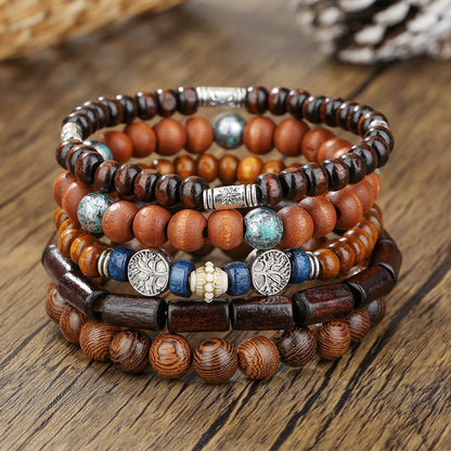 Cross-border hot-selling handmade beaded bracelets, men's retro ethnic style multi-layer stacked wooden beads, tree of life bracelet accessories