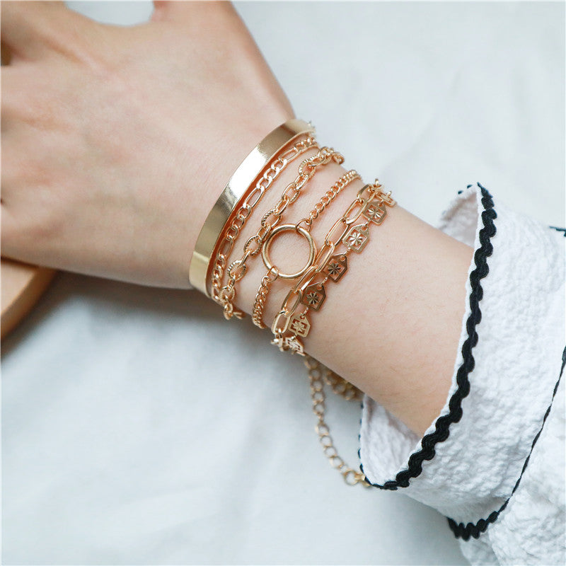 Punk hip hop style bracelet bracelet combination jewelry women, mix and match multi-element geometric round buckle set bracelet set