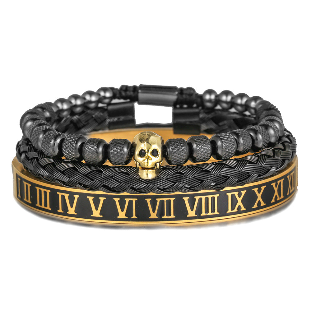 European and American retro zircon skull woven bracelet bracelet set Roman numerals letter woven stainless steel bracelet