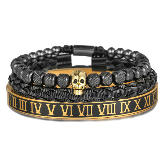 European and American retro zircon skull woven bracelet bracelet set Roman numerals letter woven stainless steel bracelet