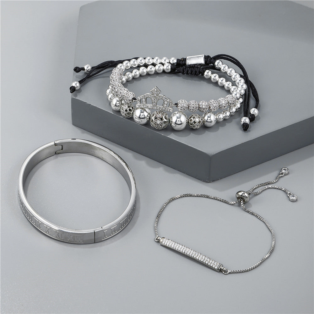 Foreign trade zircon jewelry, cross-border crown diamond ball European and American men's woven adjustable bracelet set 4-piece bracelet set