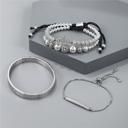 Foreign trade zircon jewelry, cross-border crown diamond ball European and American men's woven adjustable bracelet set 4-piece bracelet set