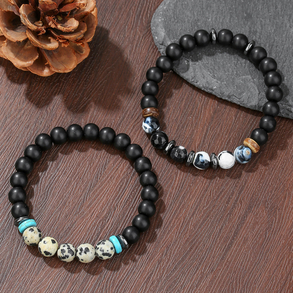 European and American retro style beaded bracelet male punk rock jewelry accessories natural black gallstone spotted stone bracelet wholesale