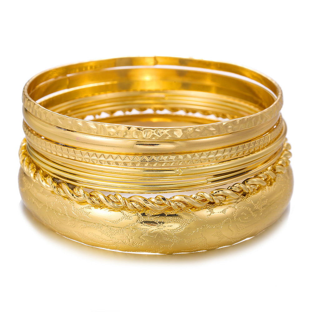 Ethnic style European and American new bracelets, exaggerated personality Bohemian feng shui ripple smooth surface stacked bracelet ten-piece set