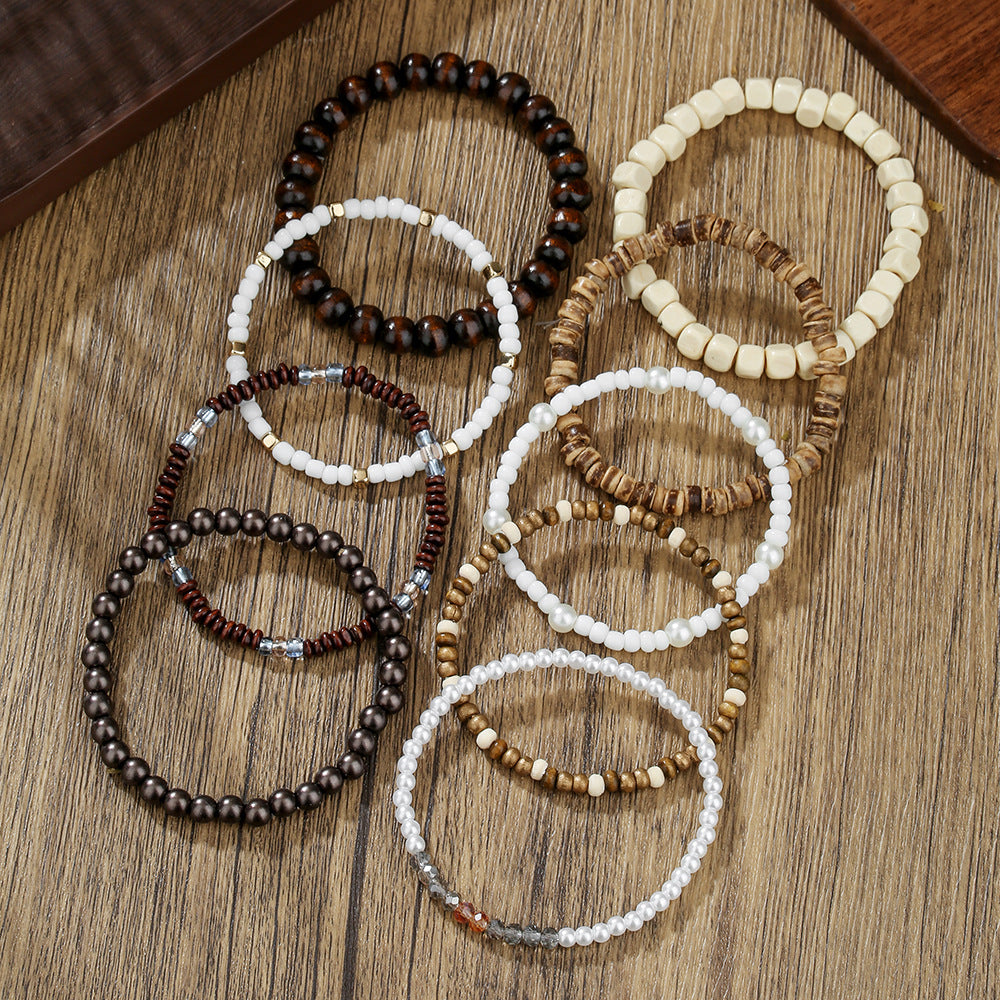 Cross-border bohemian imitation pearl crystal wooden bead beaded bracelet accessories multi-layer stacked elastic men's bracelet