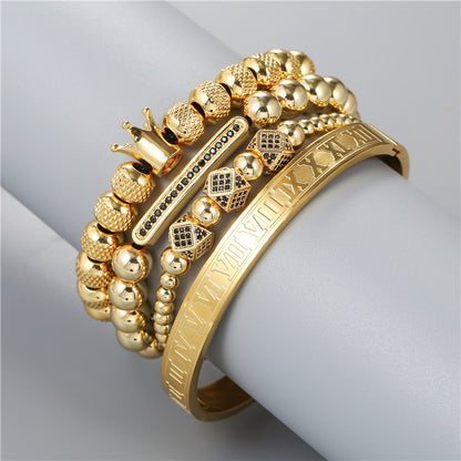 Cross-border explosive copper inlaid zircon bracelet combination stainless steel open bracelet woven crown bracelet stacked bracelet men