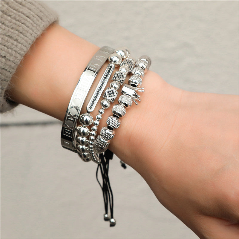 Cross-border explosive copper inlaid zircon bracelet combination stainless steel open bracelet woven crown bracelet stacked bracelet men