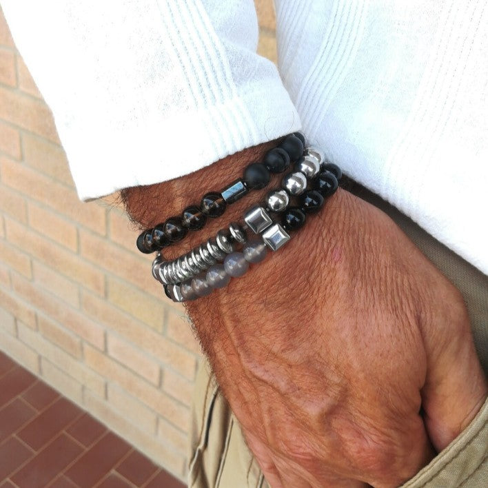 Cross-border hot-selling black gallstone handmade beaded bracelet men's simple and fashionable men's commuting stacked bracelet factory direct sales