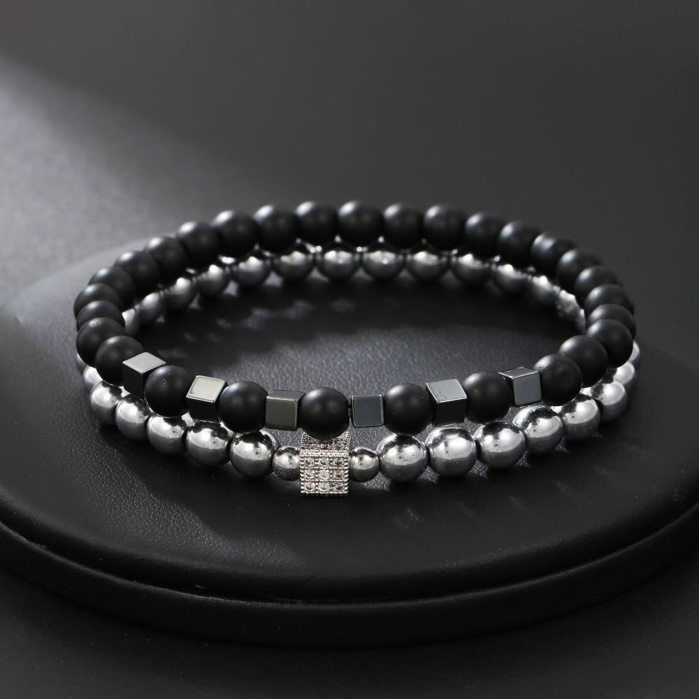Cross-border new 8mm black matte black gallstone bracelet set copper micro-inlaid zircon square elastic bracelet bracelet men