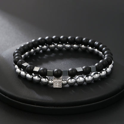Cross-border new 8mm black matte black gallstone bracelet set copper micro-inlaid zircon square elastic bracelet bracelet men