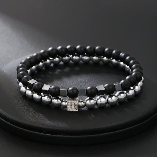 Cross-border new 8mm black matte black gallstone bracelet set copper micro-inlaid zircon square elastic bracelet bracelet men