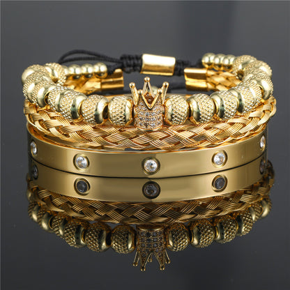 Diamond-encrusted stainless steel bracelet woven pineapple bead crown bracelet bracelet set C-shaped titanium steel open bracelet men