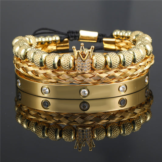 Diamond-encrusted stainless steel bracelet woven pineapple bead crown bracelet bracelet set C-shaped titanium steel open bracelet men