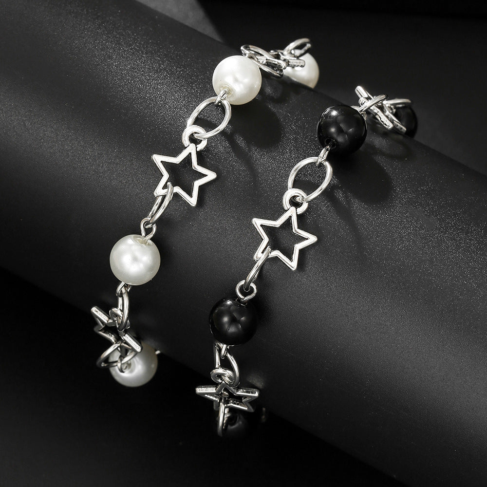 Cross-border hot-selling hollow five-pointed star imitation pearl black agate splicing bracelet women's simple temperament couple girlfriend bracelet