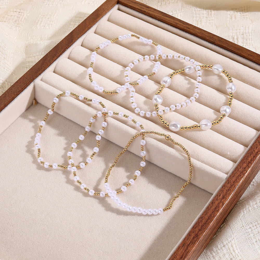 Amazon hot-selling simple copper bead imitation pearl bracelet set women's plated 18k beaded elastic bracelet bracelet wholesale