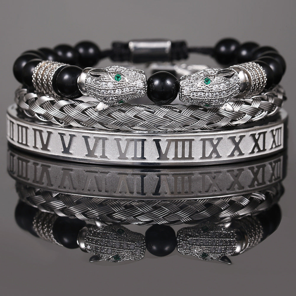 Copper micro-inlaid zircon double leopard head black agate woven bracelet men's stainless steel Roman bracelet stacked bracelet combination