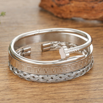 Cross-border European and American retro Roman nail bracelet stainless steel set bracelet men's punk style versatile titanium steel bracelet