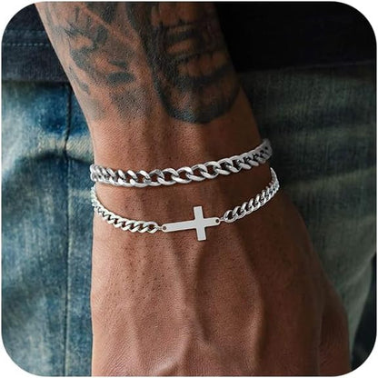 Fashion Cold Wind Stainless Steel Cuban NK Chain Double Layer Stacked Cross Bracelet Men's Hip Hop Street Bracelet Set