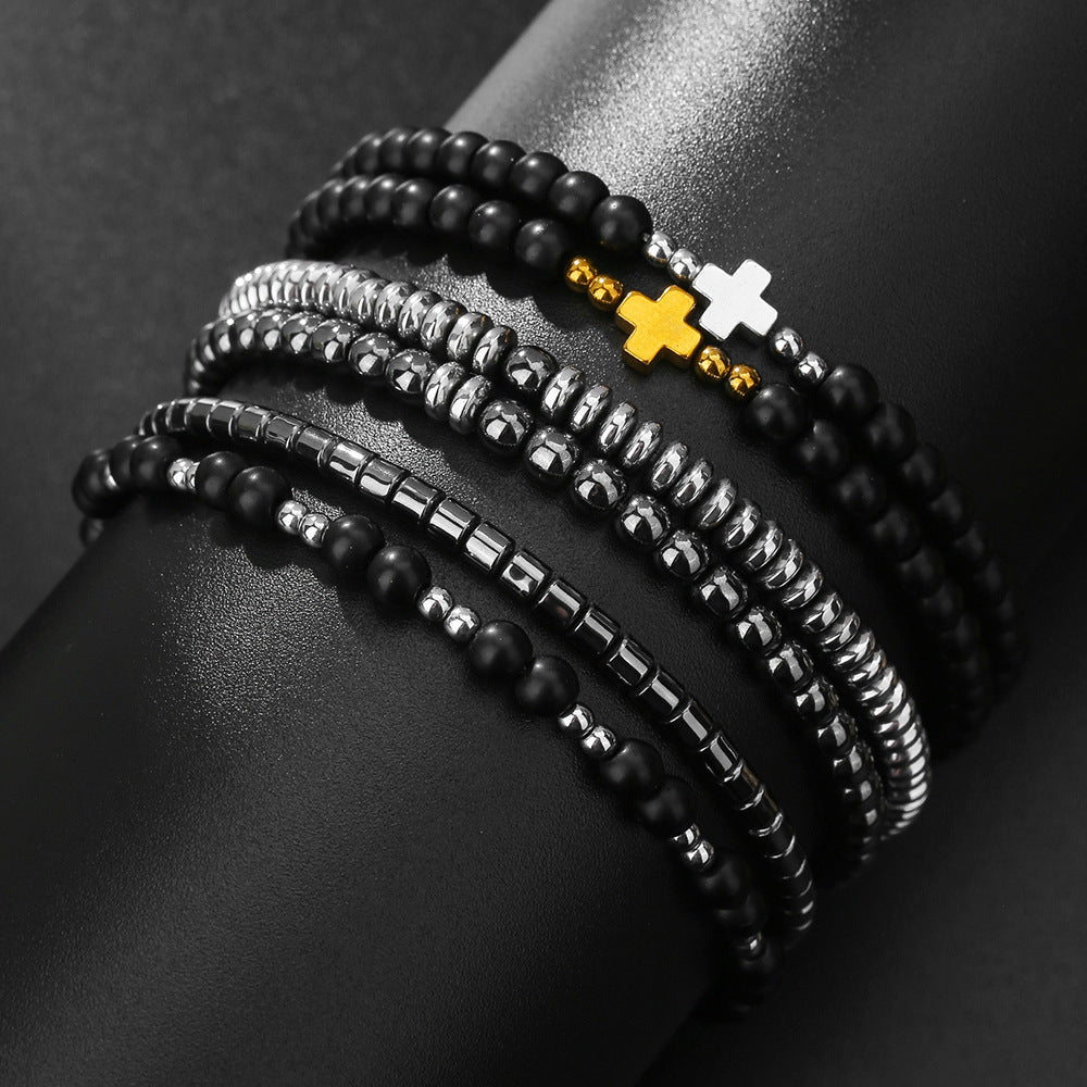 Ins Internet celebrity style men's black gallstone bracelet combination niche design cross stacked wearing hip hop bracelet bracelet women