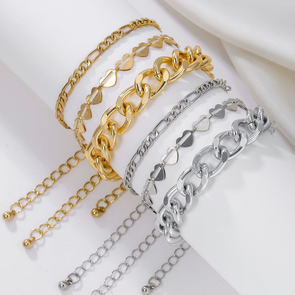 European and American cross-border choker hip-hop bracelet combination personalized design metal chain hipop multi-layer stacked bracelet