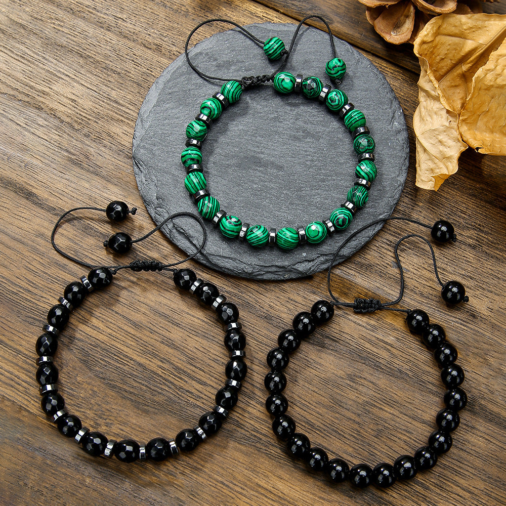 Black Gallstone Black Agate Green Peacock Handwoven Bracelet Bohemian Beach Surfing Stacked Bracelet Jewelry