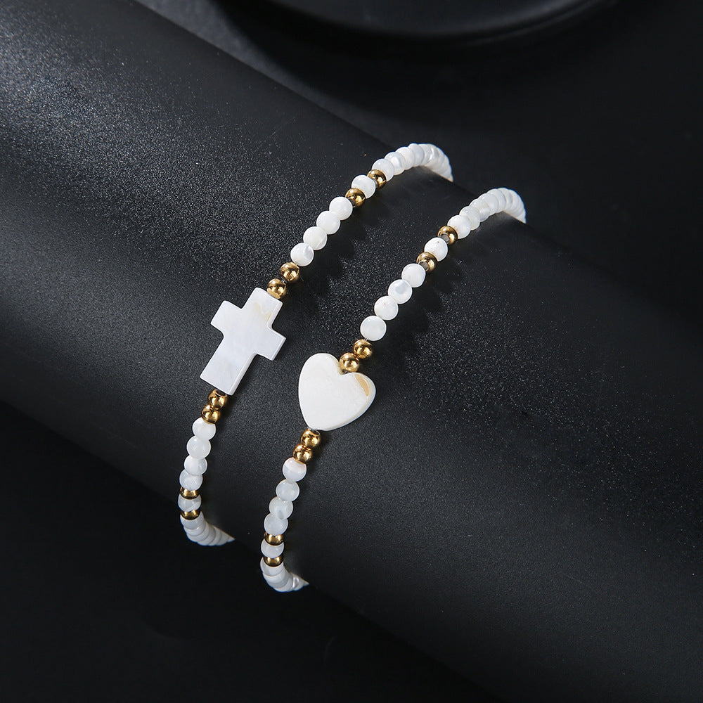 Ins Internet celebrity style handmade string bead bracelet set shell cross love summer beach jewelry two-piece set