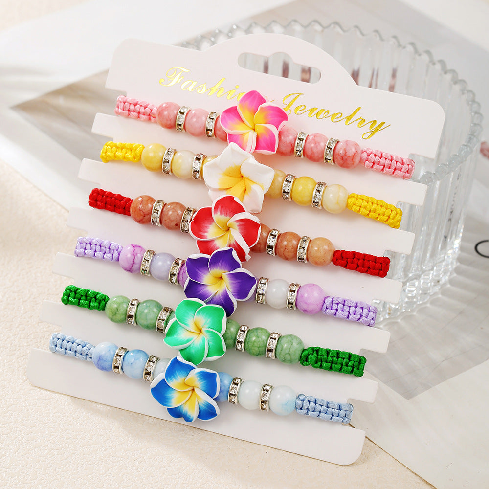 Cross-border hot-selling sweet and cute soft pottery flower bracelet, hand-woven hand rope, fashionable and simple adjustable bracelet combination