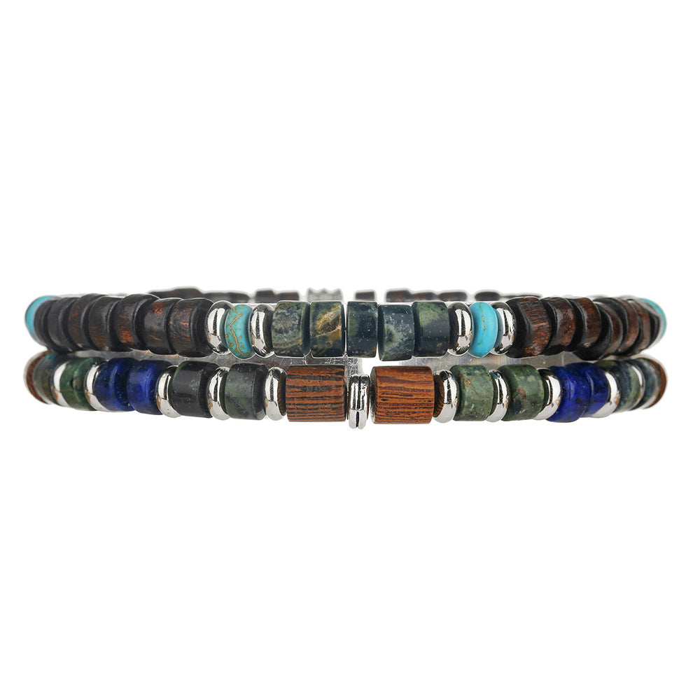 Factory direct sales cross-border wooden bead spacer semi-precious stone blue gold African pine men's bracelet retro beaded bracelet set
