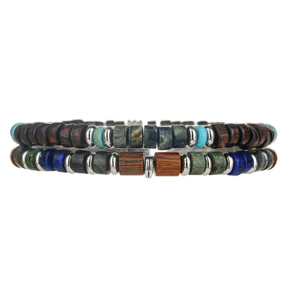 Factory direct sales cross-border wooden bead spacer semi-precious stone blue gold African pine men's bracelet retro beaded bracelet set