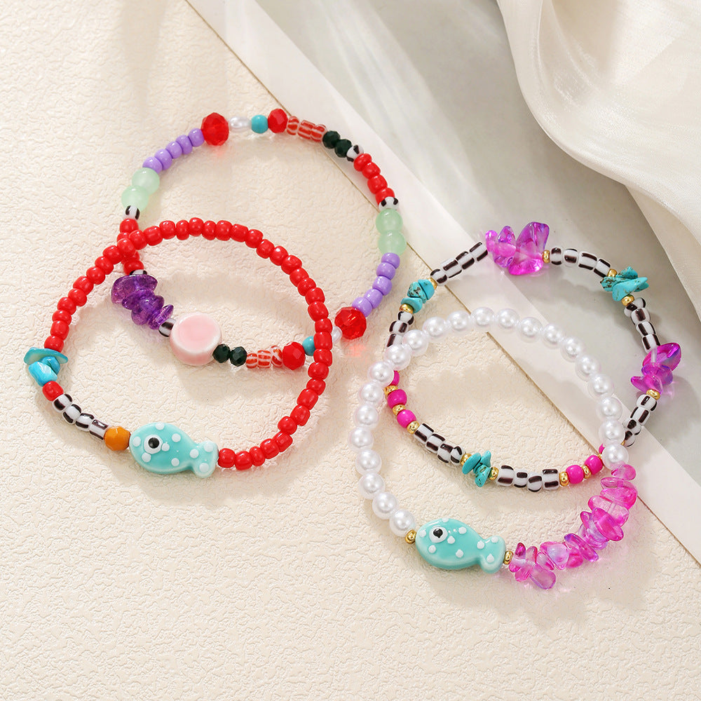 Summer Beach Vacation Wind Beaded Bracelet Ocean Wind Dopamine Ceramic Fish Sweet Glazed Rice Bead Bracelet Female