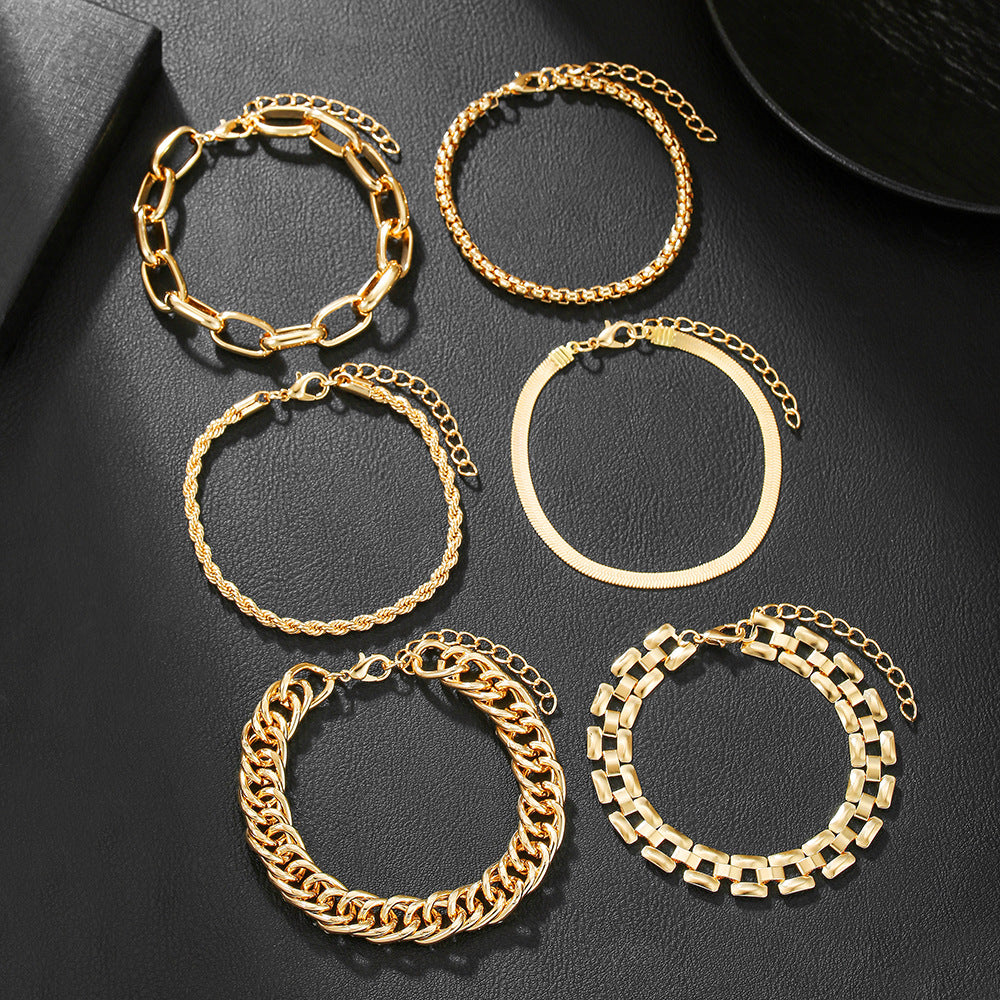European and American cross-border hot-selling paper clip twist snake bone chain bracelet combination multi-layer women's metal thick chain bracelet