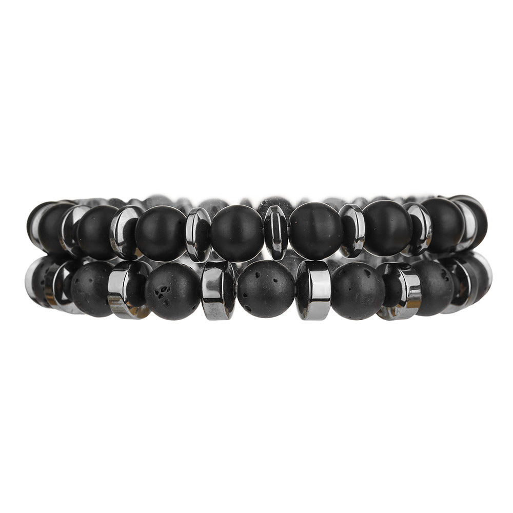 Fashion Personality Volcano Stone Black Magic Sand Black Gallstone Beaded Elastic Bracelet Men's 2-piece Commuter Vacation Bracelet
