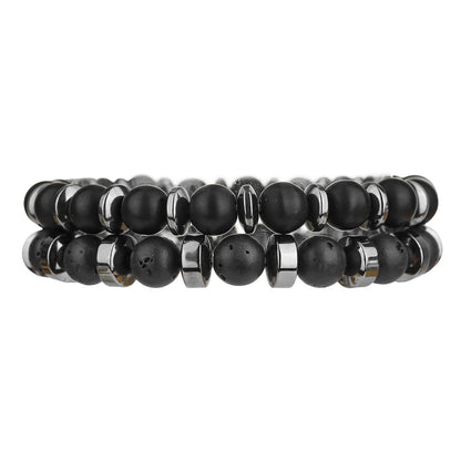 Fashion Personality Volcano Stone Black Magic Sand Black Gallstone Beaded Elastic Bracelet Men's 2-piece Commuter Vacation Bracelet